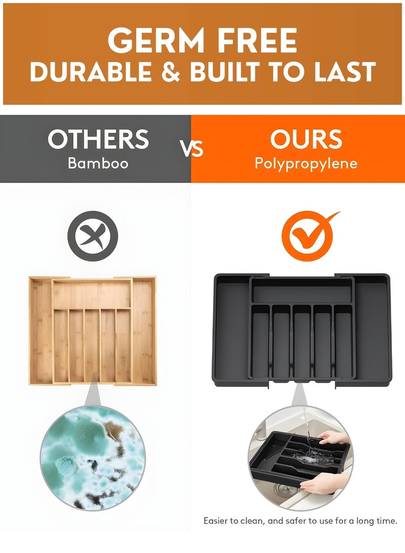 JUNI Silverware Drawer Organizer, Expandable Utensil Tray for Kitchen, BPA Free Flatware and Cutlery Holder, Adjustable Plastic Storage for Spoons Forks Knives, Large - Image 3